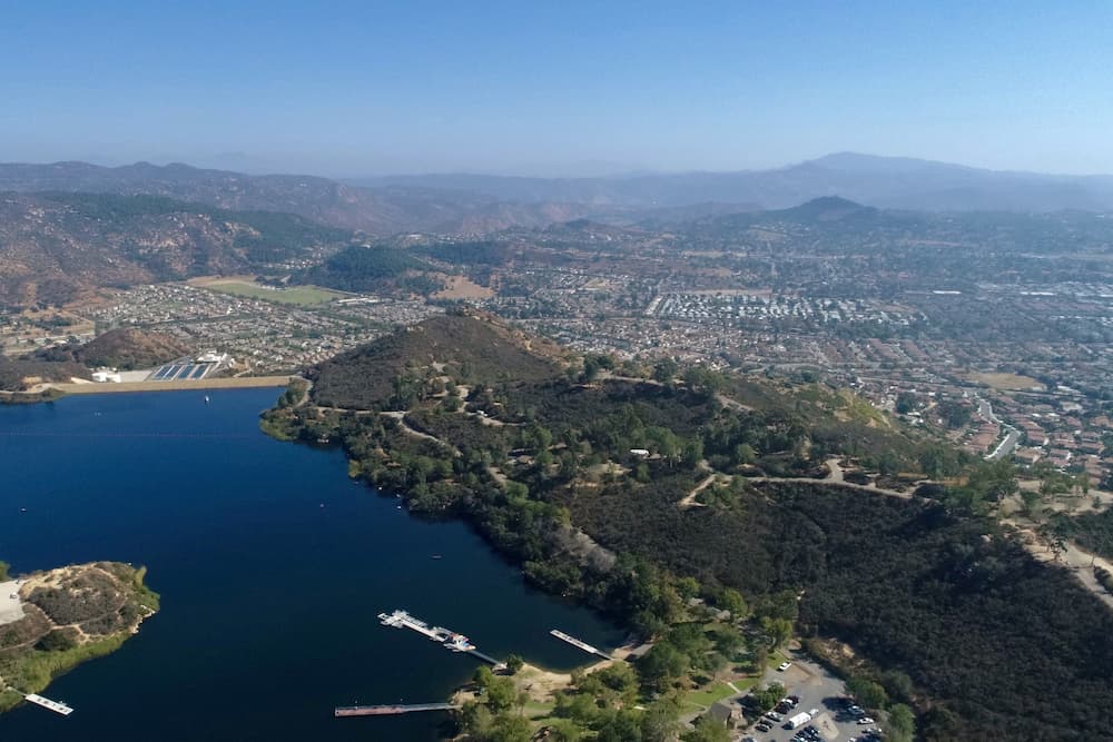 Arial view with lake overlooking Escondido, CA
